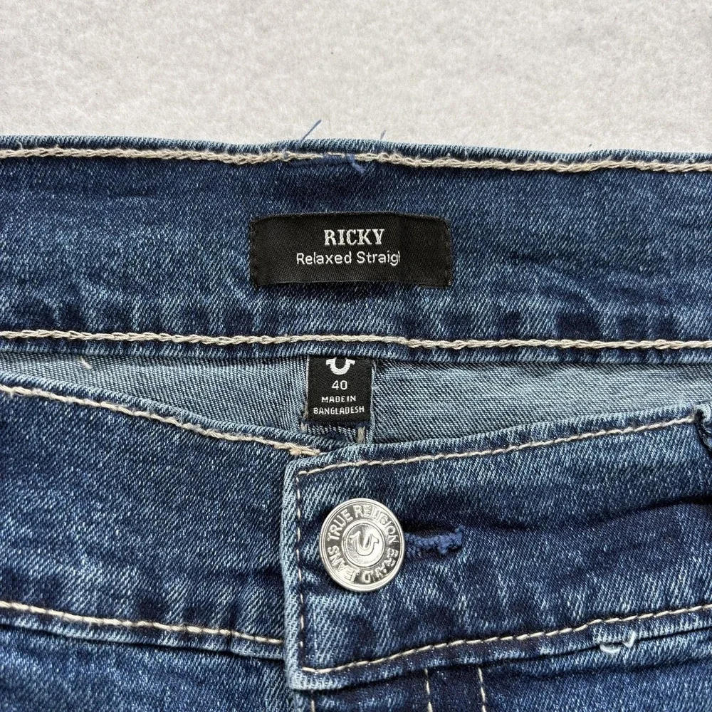 True Religion Ricky SN Flap Jeans Mens 40x32 Blue Relaxed Straight Stretch Denim